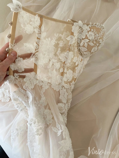 Strapless Illusion Corset Wedding Dress with 3D Floral Lace and Slit Skirt – VW2518-wedding dresses 2025 -Viniodress-Nude-Custom Size-
