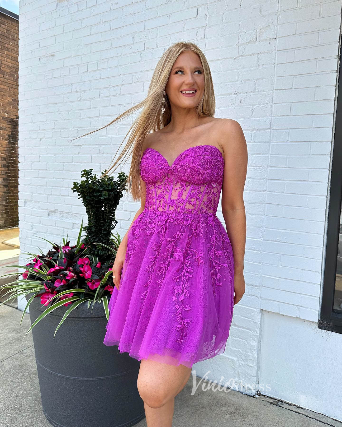 Strapless Lace Applique Homecoming Dresses Sweetheart Neck Short Prom Dress SD1645-prom dresses 2025 -Viniodress-Purple-Custom Size-