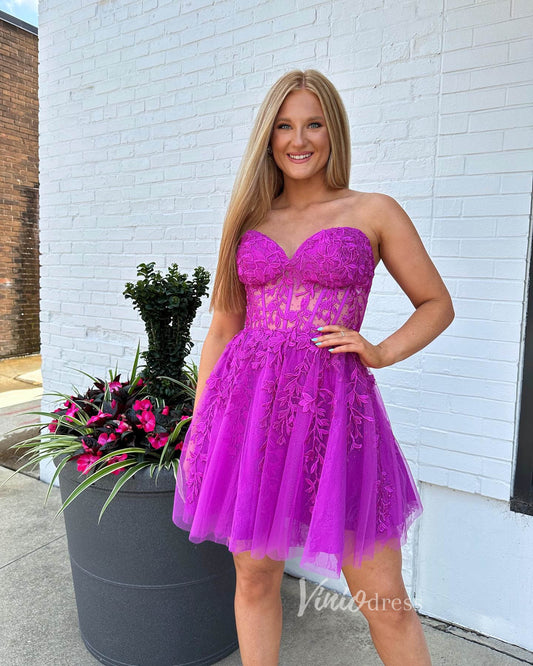 Strapless Lace Applique Homecoming Dresses Sweetheart Neck Short Prom Dress SD1645-prom dresses 2025 -Viniodress-Purple-Custom Size-
