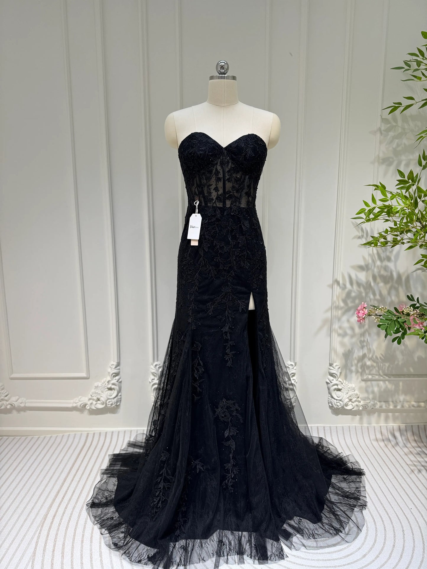 Strapless Lace Appliqued Mermaid Prom Dresses with Slit FD1250K-prom dresses 2025 -Viniodress-Black-Custom Size-