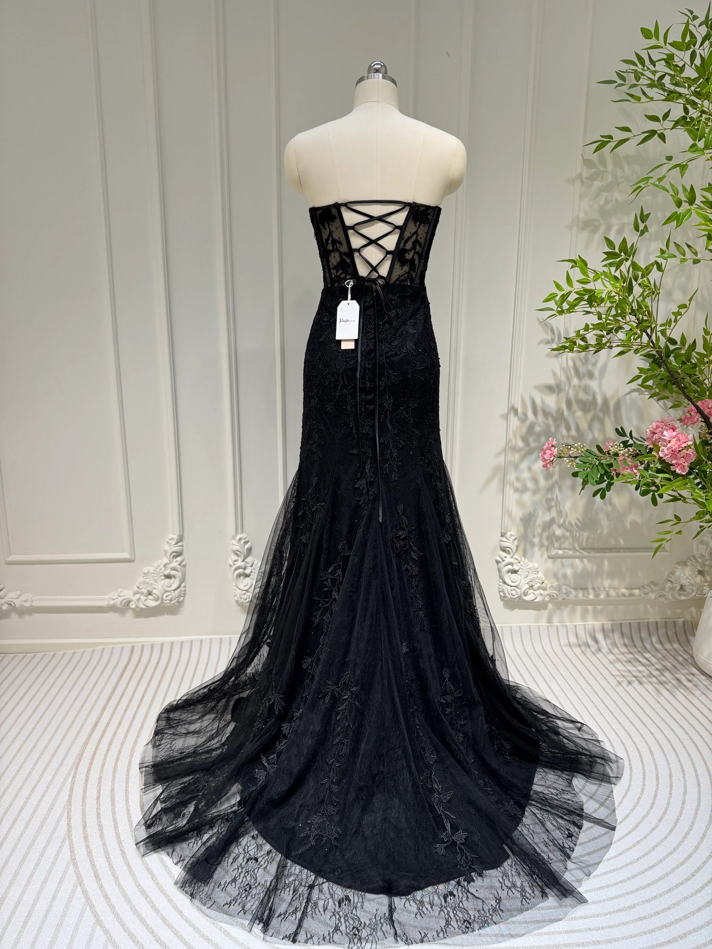 Strapless Lace Appliqued Mermaid Prom Dresses with Slit FD1250K-prom dresses 2025 -Viniodress-Black-Custom Size-