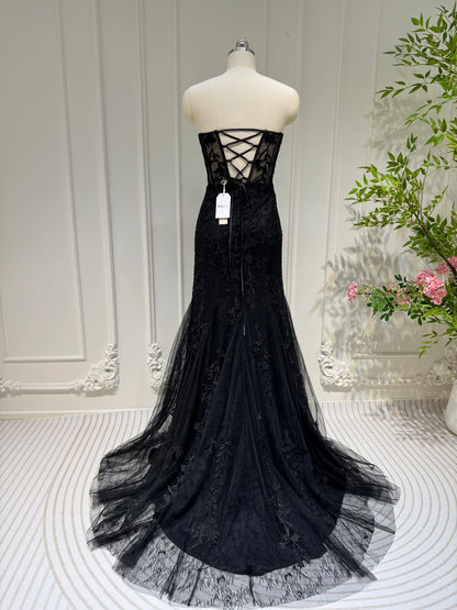 Strapless Lace Appliqued Mermaid Prom Dresses with Slit FD1250K-prom dresses 2025 -Viniodress-Black-Custom Size-