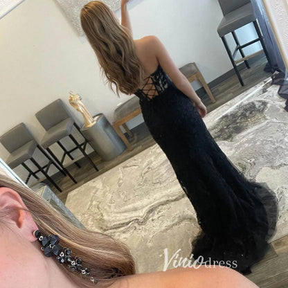 Strapless Lace Appliqued Mermaid Prom Dresses with Slit FD1250K-prom dresses 2025 -Viniodress-Black-Custom Size-