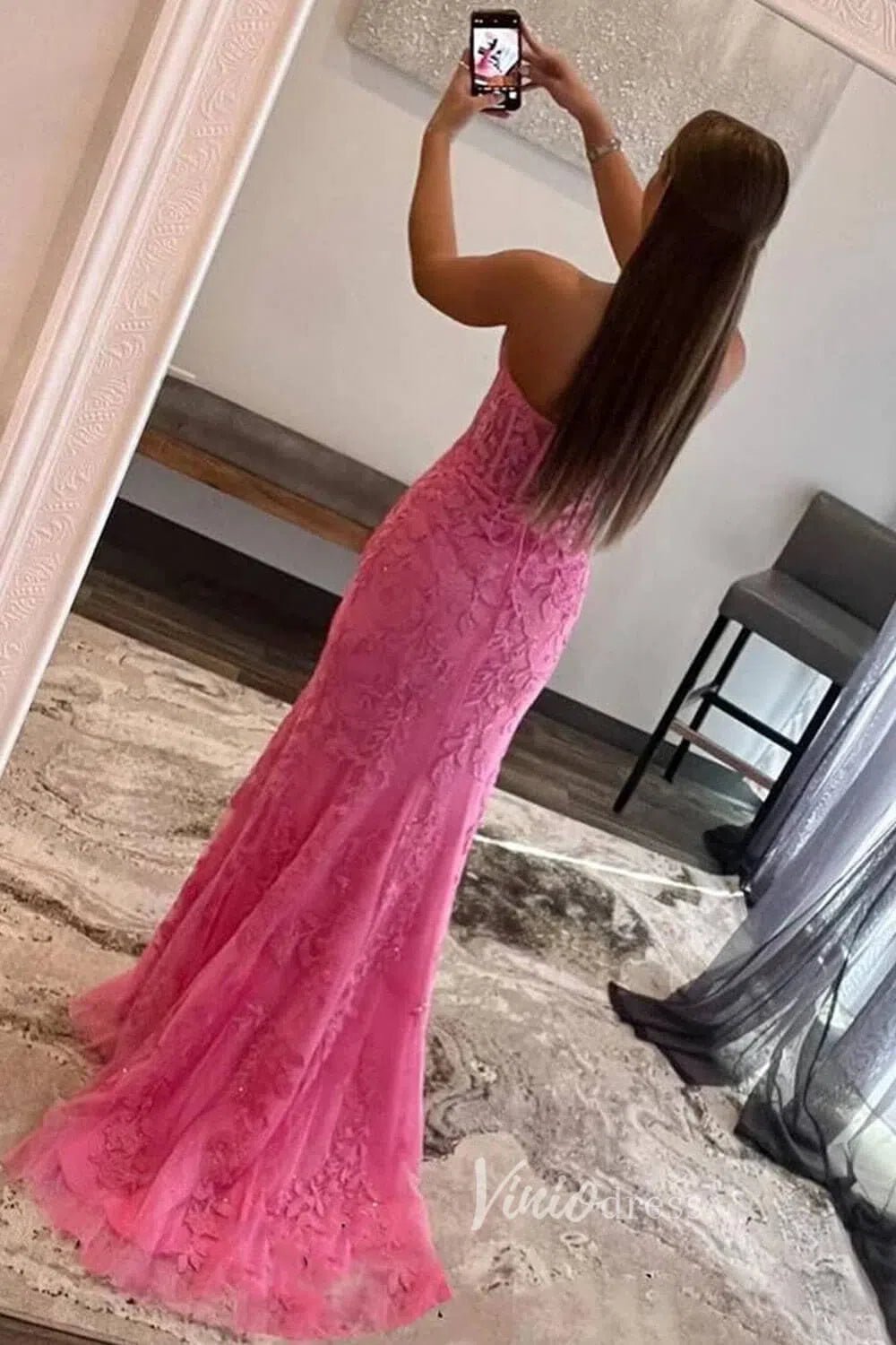 Strapless Lace Appliqued Mermaid Prom Dresses with Slit FD1250K Viniodress Strapless Lace Appliqued Mermaid Prom Dresses with Slit FD1250K Viniodress