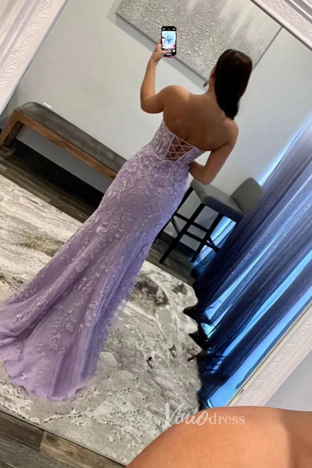 Strapless Lace Appliqued Mermaid Prom Dresses with Slit FD1250K-prom dresses-Viniodress-Viniodress