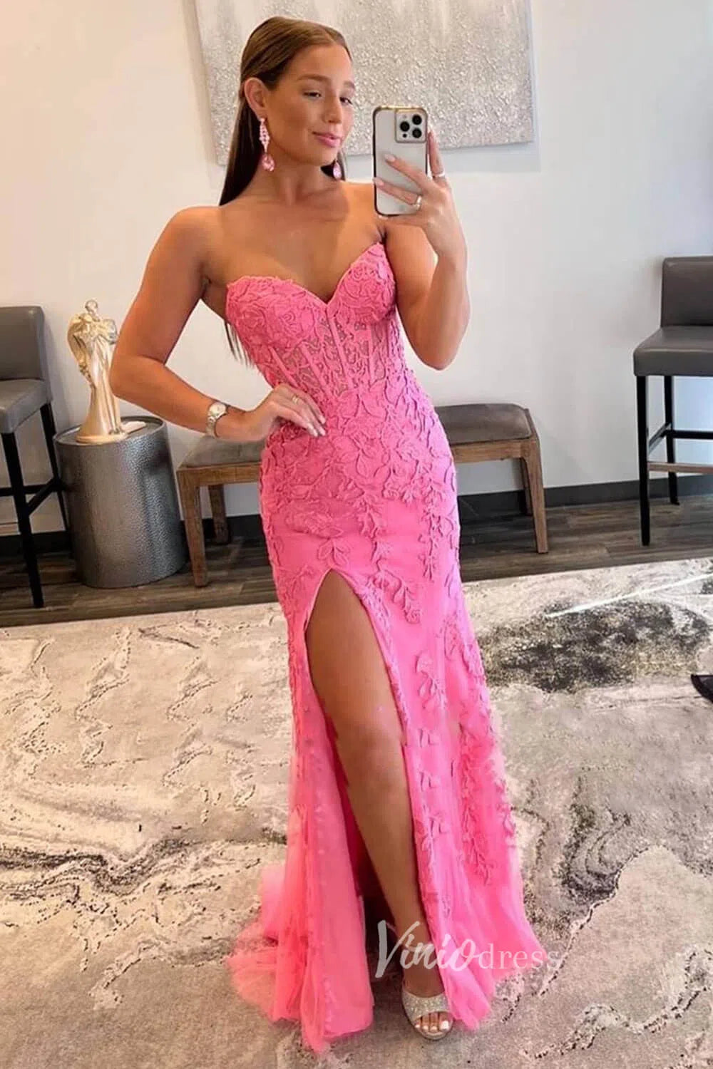 Strapless Lace Appliqued Mermaid Prom Dresses with Slit FD1250K-prom dresses-Viniodress-Hot Pink-Custom Size-Viniodress