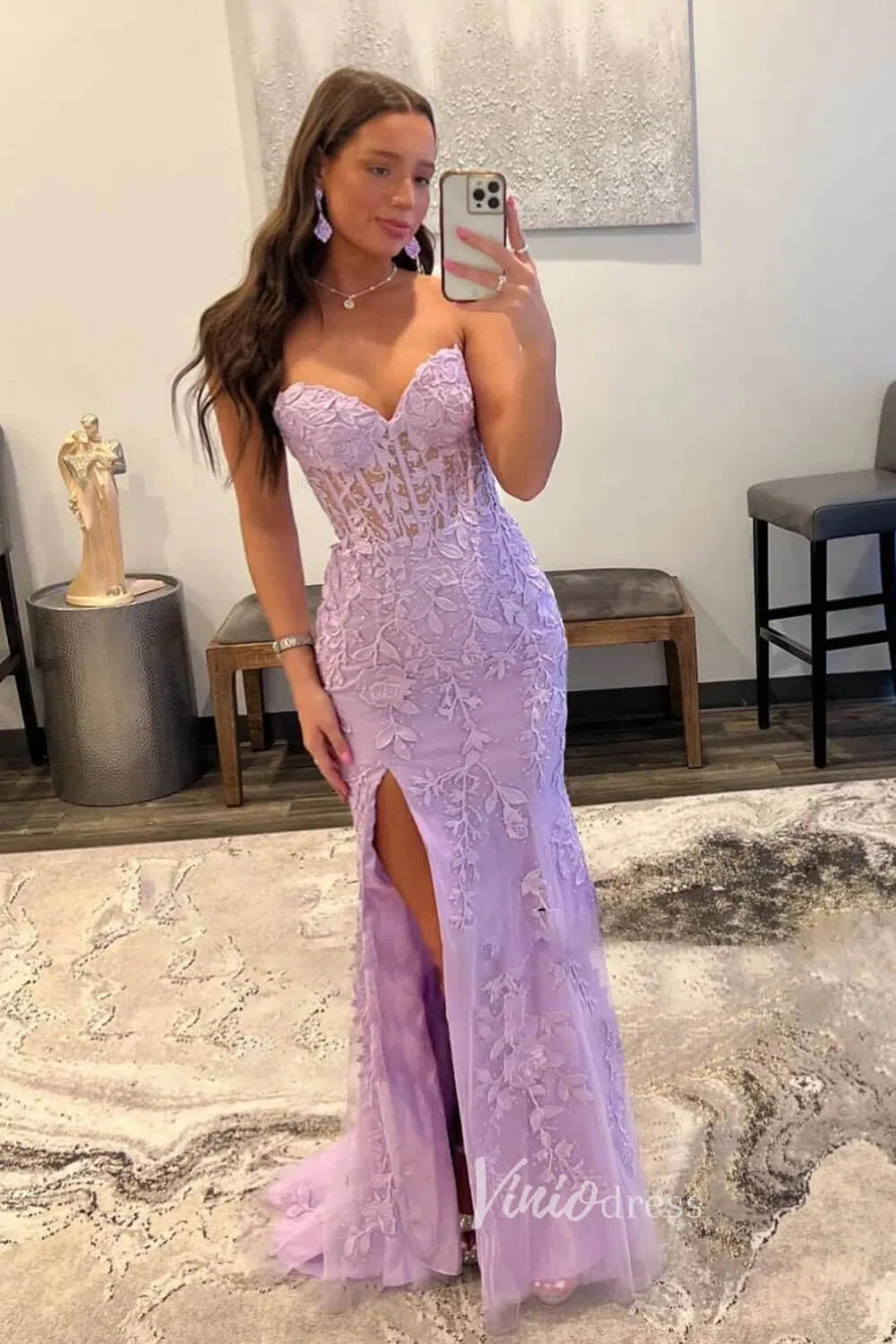 Strapless Lace Appliqued Mermaid Prom Dresses with Slit FD1250K-prom dresses-Viniodress-Lavender-Custom Size-Viniodress