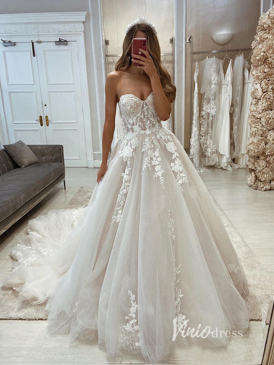 Strapless Lace Appliqued Modern Wedding Dress Tulle Bridal Gown VW2079-wedding dresses 2025 -Viniodress-As Picture-Custom Size-