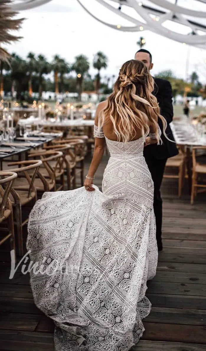 Strapless Lace Bohemian Wedding Dresses with Slit & Arm Band VW1092B-wedding dresses 2025 -Viniodress-As Picture-Custom Size-