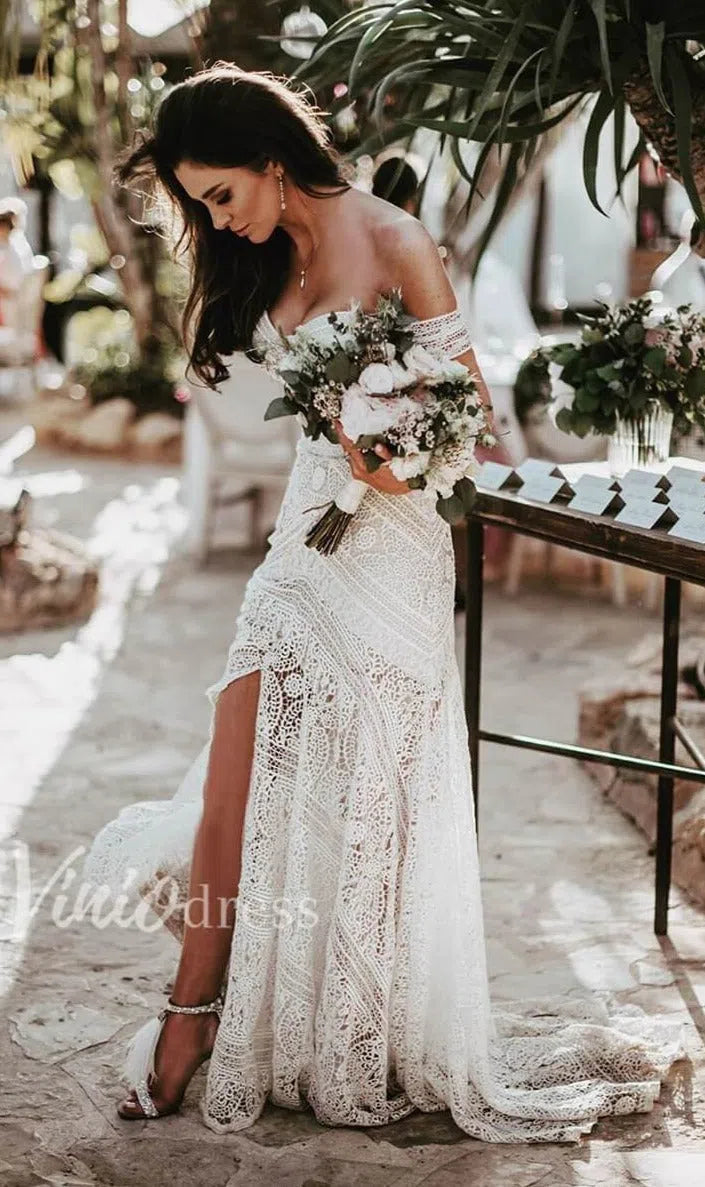 Strapless Lace Bohemian Wedding Dresses with Slit & Arm Band VW1092B Viniodress Strapless Lace Bohemian Wedding Dresses with Slit & Arm Band VW1092B Viniodress