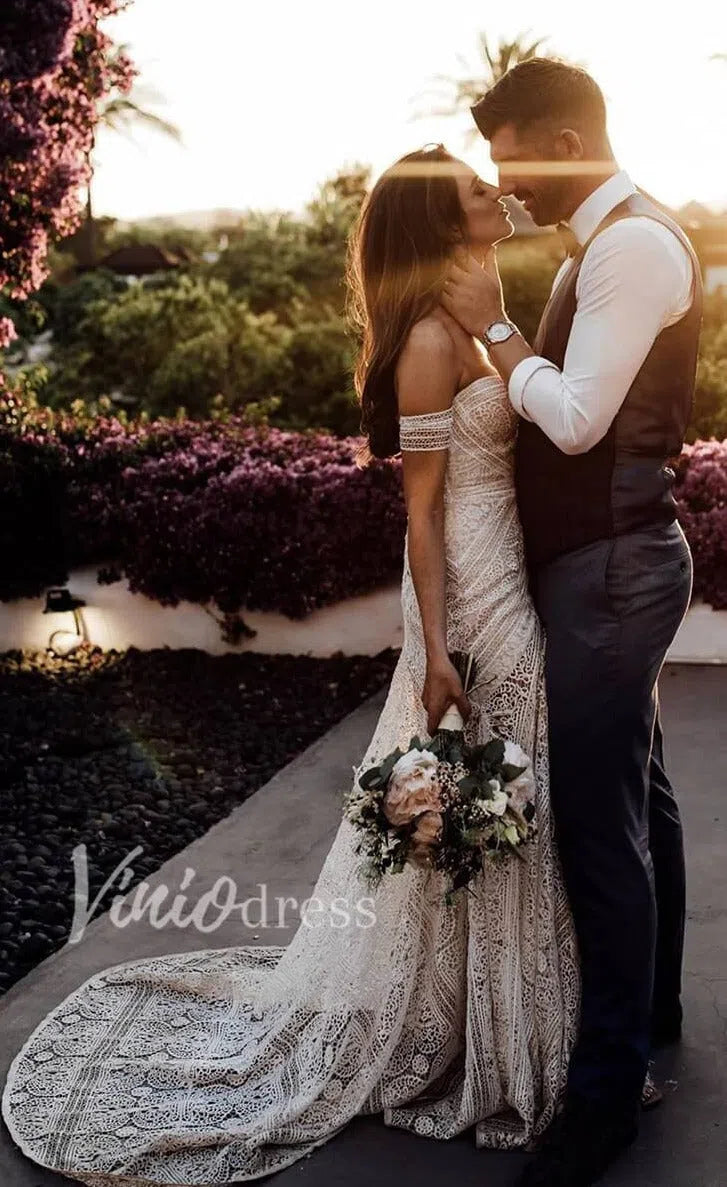 Strapless Lace Bohemian Wedding Dresses with Slit & Arm Band VW1092B-wedding dresses 2025 -Viniodress-As Picture-Custom Size-