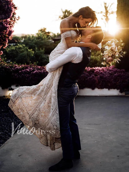 Strapless Lace Bohemian Wedding Dresses with Slit & Arm Band VW1092B-wedding dresses 2025 -Viniodress-As Picture-Custom Size-