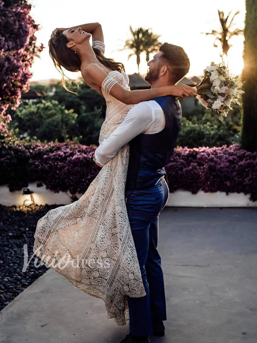 Strapless Lace Bohemian Wedding Dresses with Slit & Arm Band VW1092B Viniodress Strapless Lace Bohemian Wedding Dresses with Slit & Arm Band VW1092B Viniodress