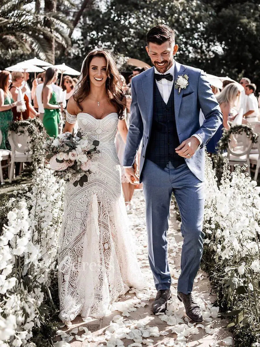 Strapless Lace Bohemian Wedding Dresses with Slit & Arm Band VW1092B-wedding dresses 2025 -Viniodress-As Picture-Custom Size-