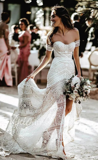 Strapless Lace Bohemian Wedding Dresses with Slit & Arm Band VW1092B-wedding dresses 2025 -Viniodress-As Picture-Custom Size-