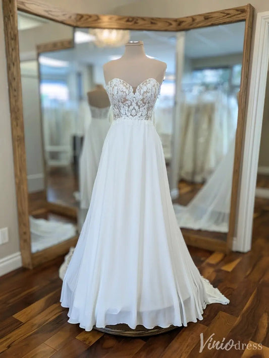 Strapless Lace Illusion Wedding Dress with Sweetheart Neckline & Floral Train – VW2533-wedding dresses 2025 -Viniodress-White-Custom Size-