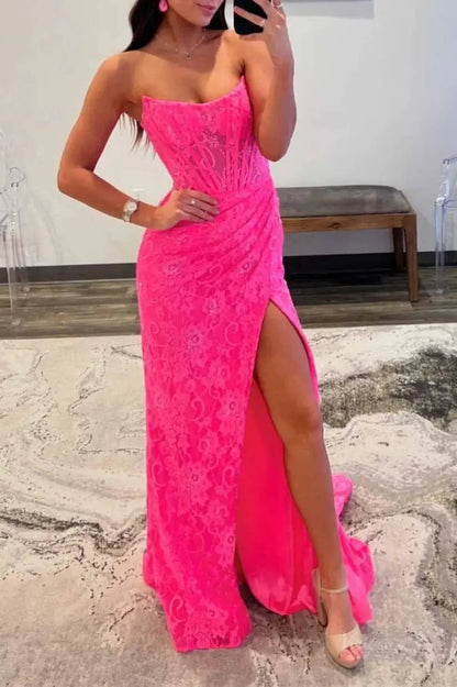Strapless Lace Mermaid Prom Dress 2025 with Slit & Boned Bodice – FD5019-prom dresses 2025 -Viniodress-Fuchsia-Custom Size-