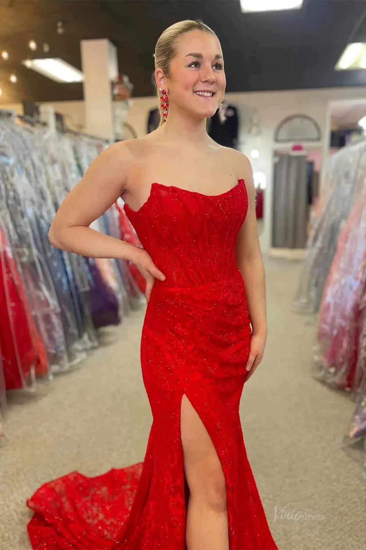 Strapless Lace Mermaid Prom Dress 2025 with Slit & Boned Bodice – FD5019-prom dresses 2025 -Viniodress-Lavender-Custom Size-