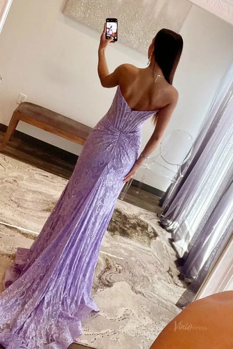Strapless Lace Mermaid Prom Dress 2025 with Slit & Boned Bodice – FD5019-prom dresses 2025 -Viniodress-Lavender-Custom Size-