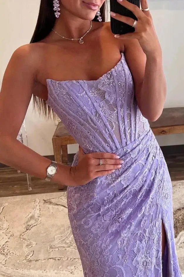 Strapless Lace Mermaid Prom Dress 2025 with Slit & Boned Bodice – FD5019-prom dresses 2025 -Viniodress-Lavender-Custom Size-