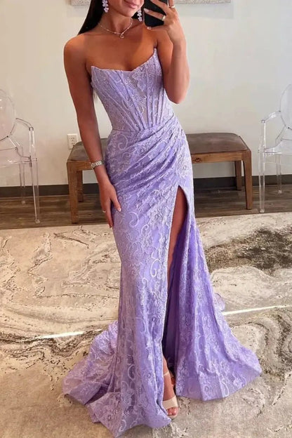 Strapless Lace Mermaid Prom Dress 2025 with Slit & Boned Bodice – FD5019-prom dresses 2025 -Viniodress-Lavender-Custom Size-