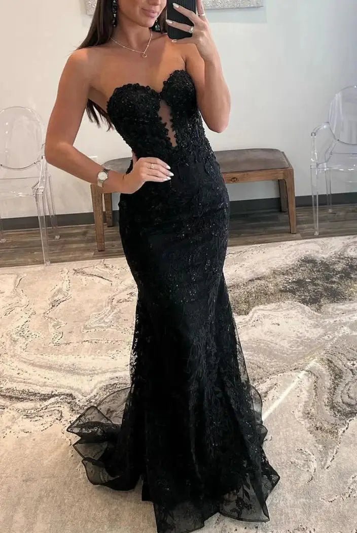 Strapless Lace Mermaid Prom Dress 2025 with Sweetheart Neck – FD5018-prom dresses 2025 -Viniodress-Black-Custom Size-