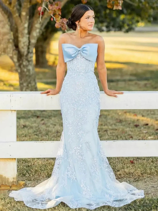 Strapless Lace Mermaid Prom Dresses 2025 with Bow – FD5059-prom dresses 2025 -Viniodress-Light Blue-Custom Size-