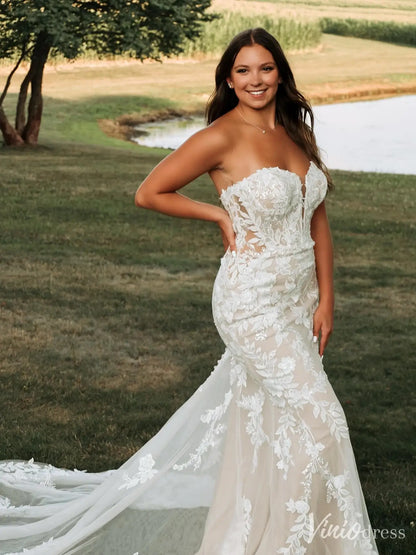 Strapless Lace Mermaid Wedding Dress with Deep Illusion Plunge and Cathedral Train – VW2602-wedding dresses 2025 -Viniodress-Beige-Custom Size-