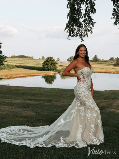Strapless Lace Mermaid Wedding Dress with Deep Illusion Plunge and Cathedral Train – VW2602-wedding dresses 2025 -Viniodress-Beige-Custom Size-