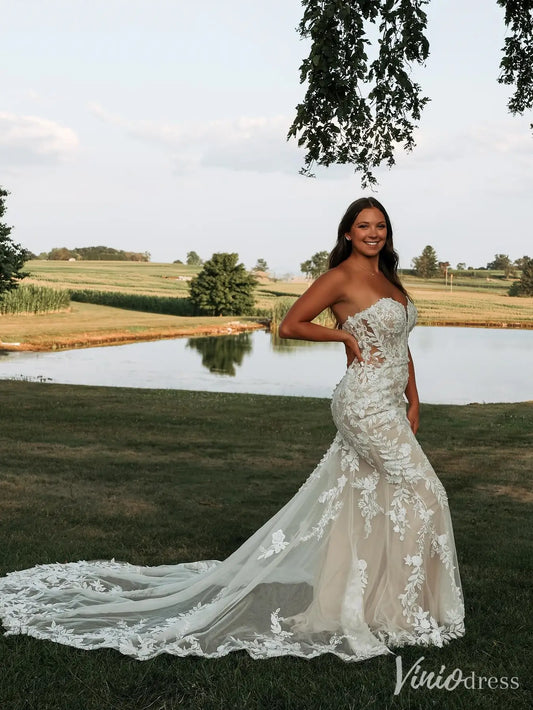 Strapless Lace Mermaid Wedding Dress with Deep Illusion Plunge and Cathedral Train – VW2602-wedding dresses 2025 -Viniodress-Beige-Custom Size-