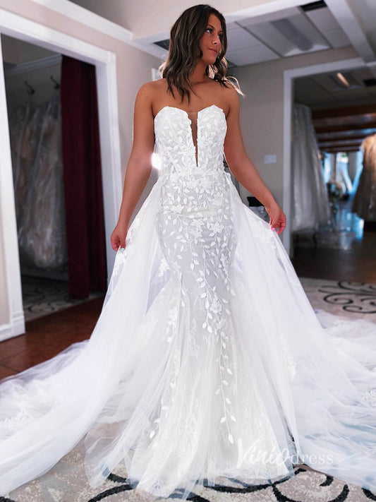 Strapless Lace Mermaid Wedding Dress with Detachable Overskirt VW2150-wedding dresses 2025 -Viniodress-Ivory-Custom Size-