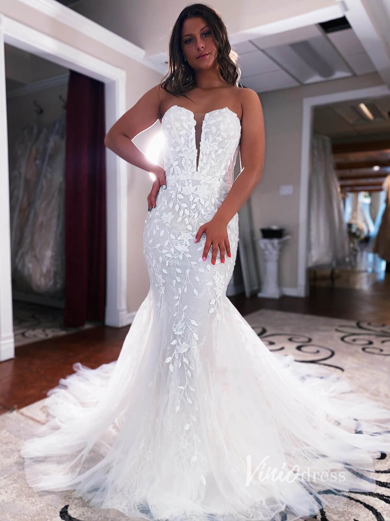 Strapless Lace Mermaid Wedding Dress with Detachable Overskirt VW2150-wedding dresses 2025 -Viniodress-Ivory-Custom Size-