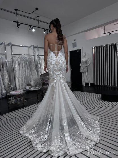Strapless Lace Mermaid Wedding Dress with Sheer Corset Bodice & Tulle Overskirt – VW2509-wedding dresses 2025 -Viniodress-Beige-Custom Size-