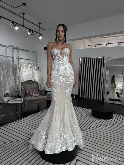 Strapless Lace Mermaid Wedding Dress with Sheer Corset Bodice & Tulle Overskirt – VW2509-wedding dresses 2025 -Viniodress-Beige-Custom Size-