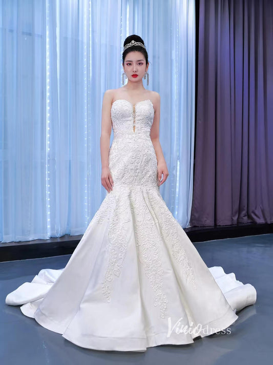 Strapless Lace Mermaid Wedding Dresses Beaded Bridal Gown 67352-wedding dresses 2025 -Viniodress-Ivory-Custom Size-