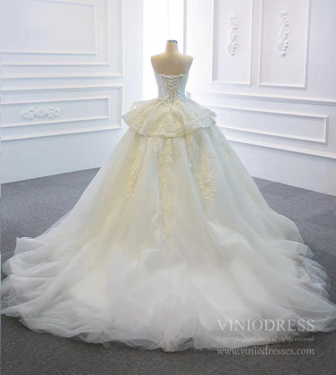 Strapless Lace Princess Wedding Dresses Cathedral Wedding Gowns VW1025-wedding dresses 2025 -Viniodress-Ivory-Custom Size-