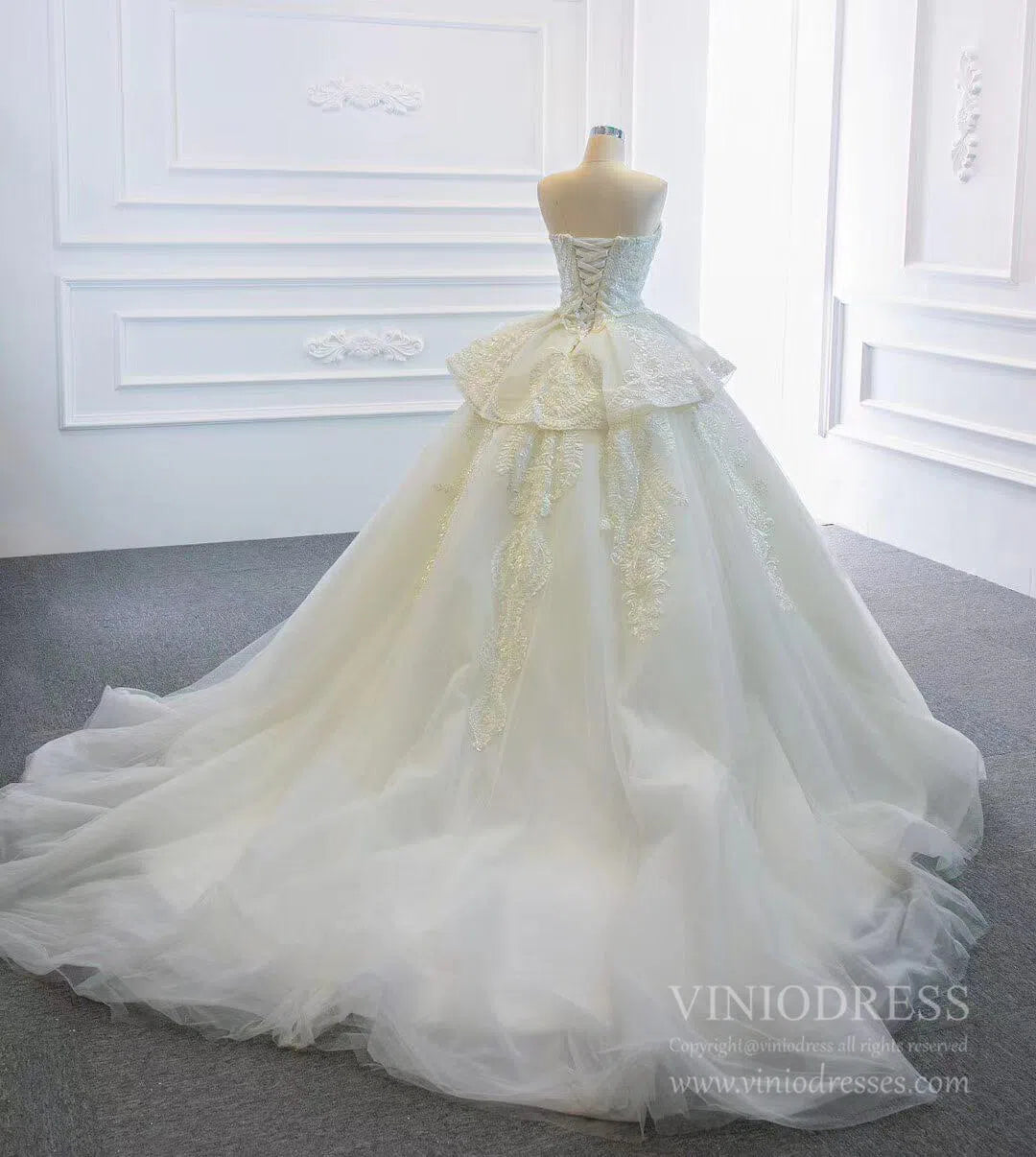Strapless Lace Princess Wedding Dresses Cathedral Wedding Gowns VW1025-wedding dresses 2025 -Viniodress-Ivory-Custom Size-