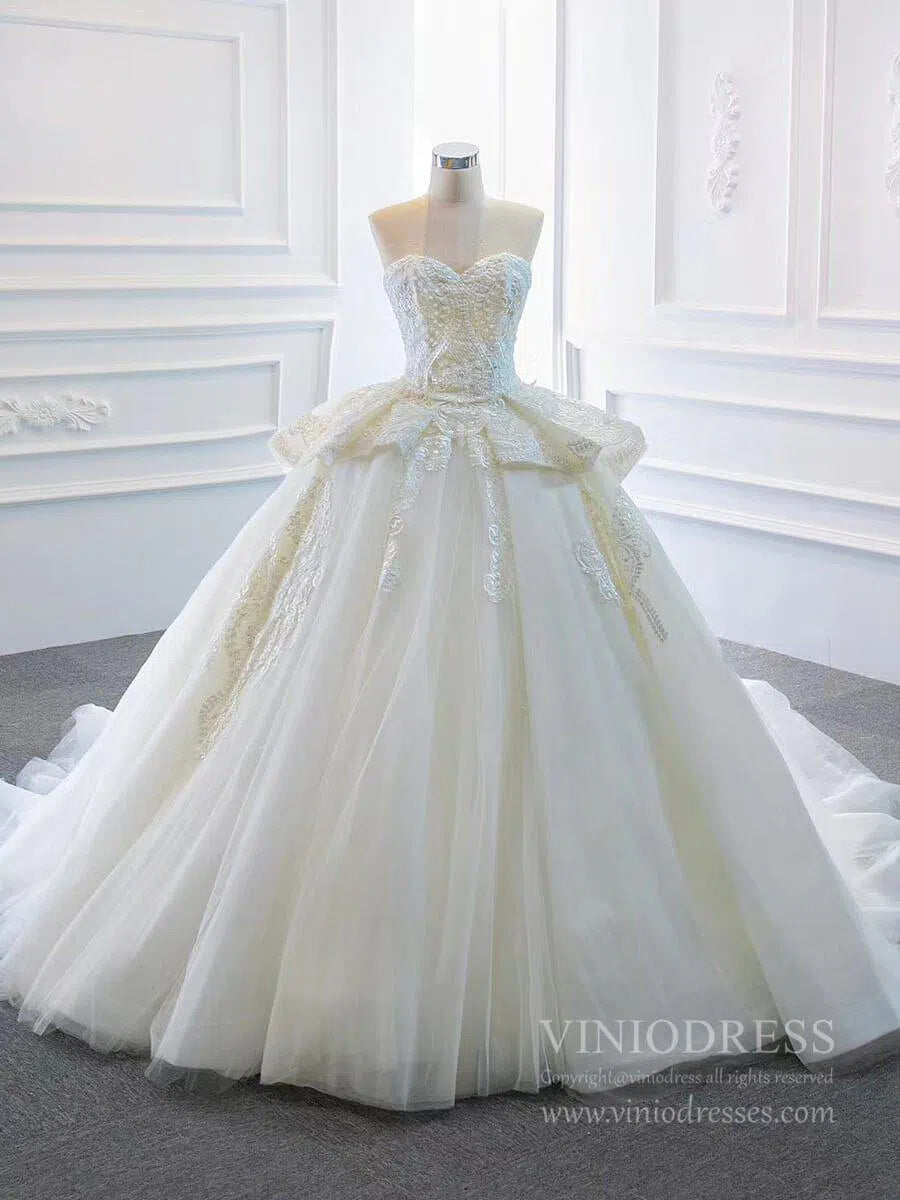 Strapless Lace Princess Wedding Dresses Cathedral Wedding Gowns VW1025-wedding dresses 2025 -Viniodress-Ivory-Custom Size-