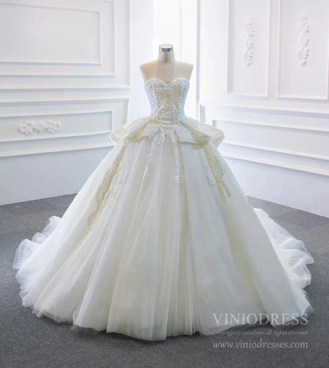 Strapless Lace Princess Wedding Dresses Cathedral Wedding Gowns VW1025-wedding dresses-Viniodress-Viniodress