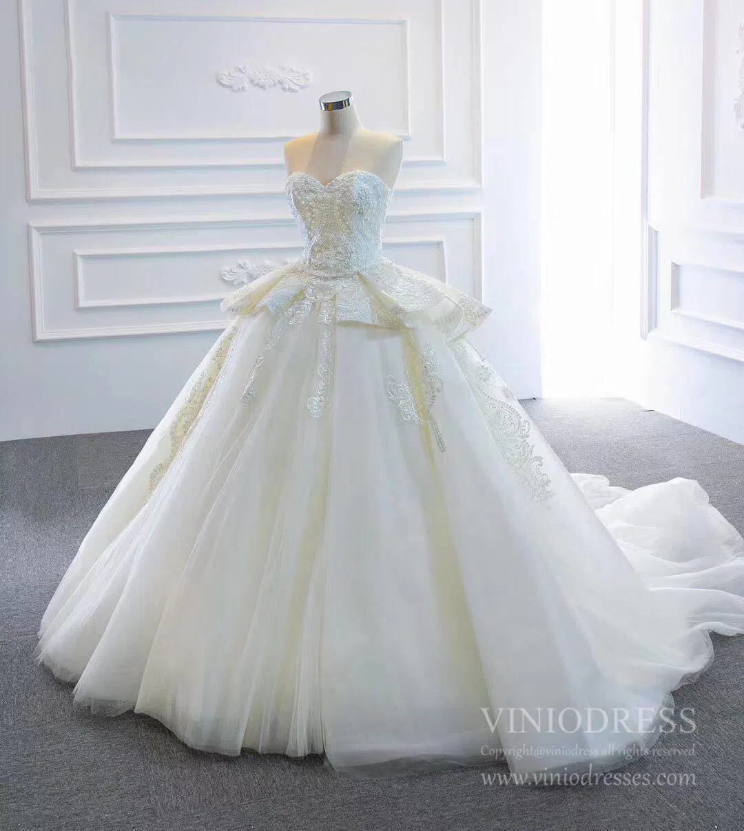 Strapless Lace Princess Wedding Dresses Cathedral Wedding Gowns VW1025-wedding dresses-Viniodress-Viniodress