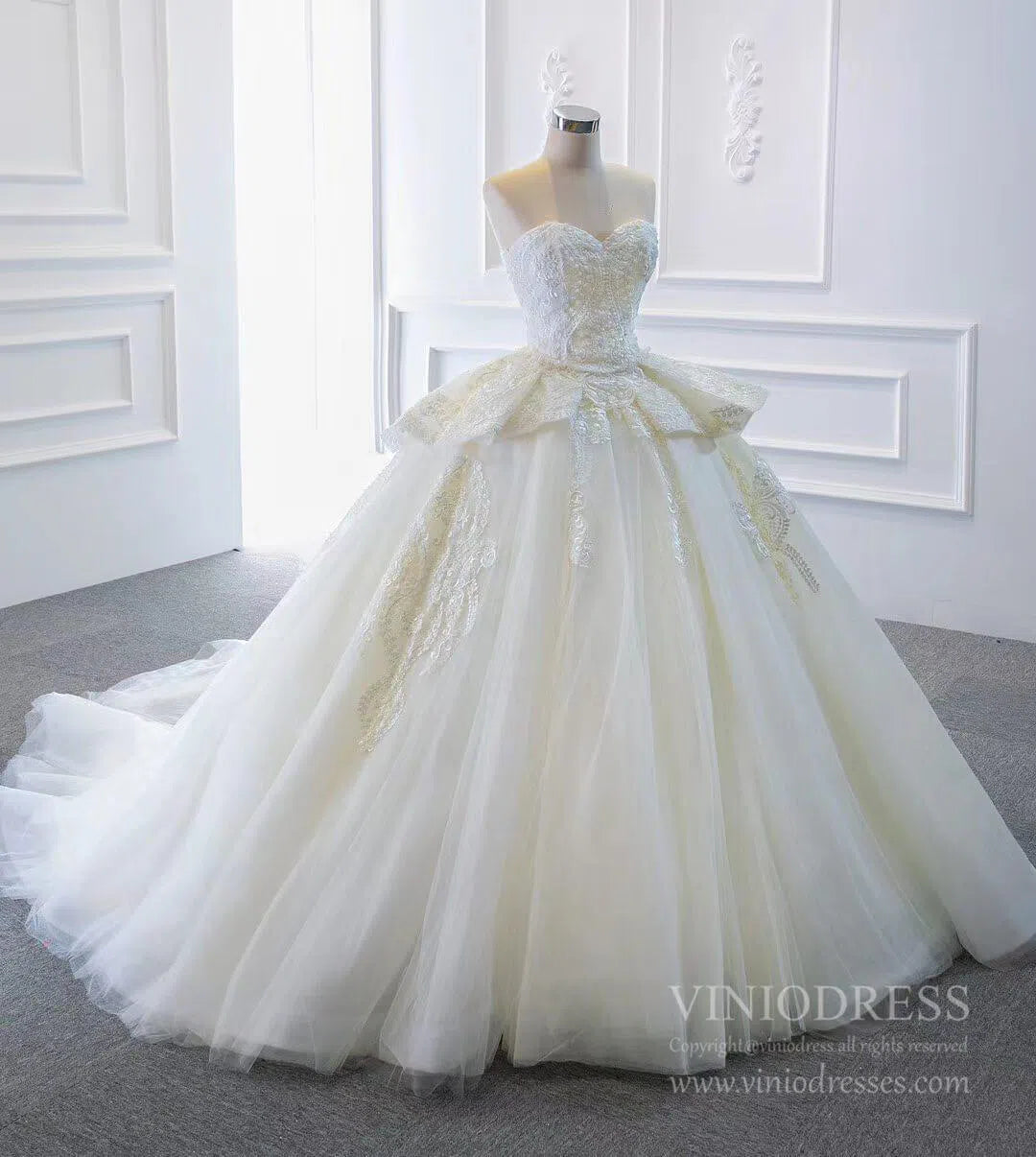 Strapless Lace Princess Wedding Dresses Cathedral Wedding Gowns VW1025-wedding dresses-Viniodress-Viniodress