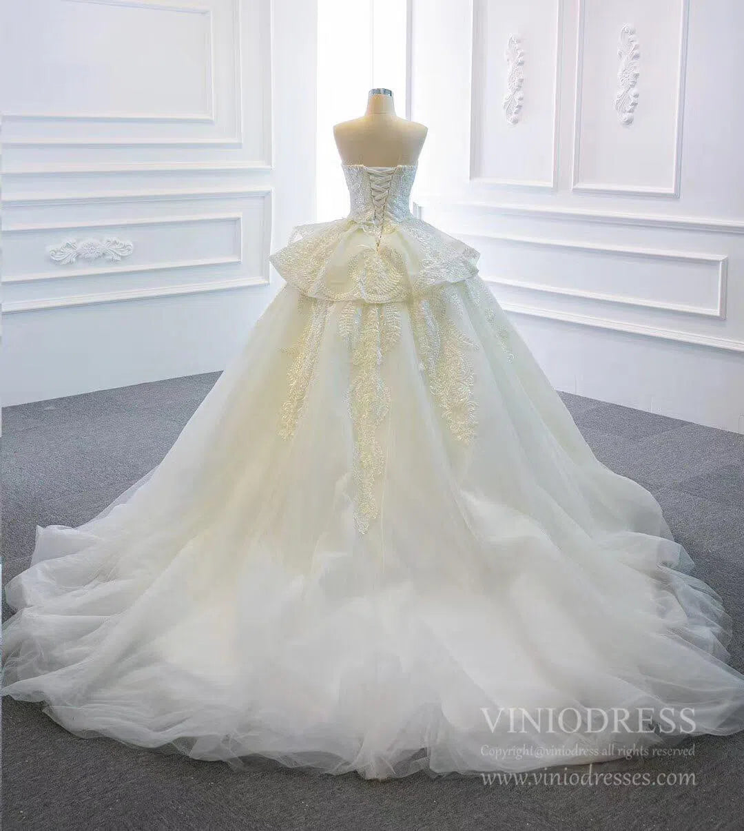 Strapless Lace Princess Wedding Dresses Cathedral Wedding Gowns VW1025-wedding dresses-Viniodress-Viniodress