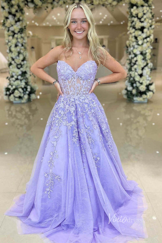 Strapless Lace Prom Dresses Lace-up Back FD1348D-prom dresses 2025 -Viniodress-Lavender-Custom Size-