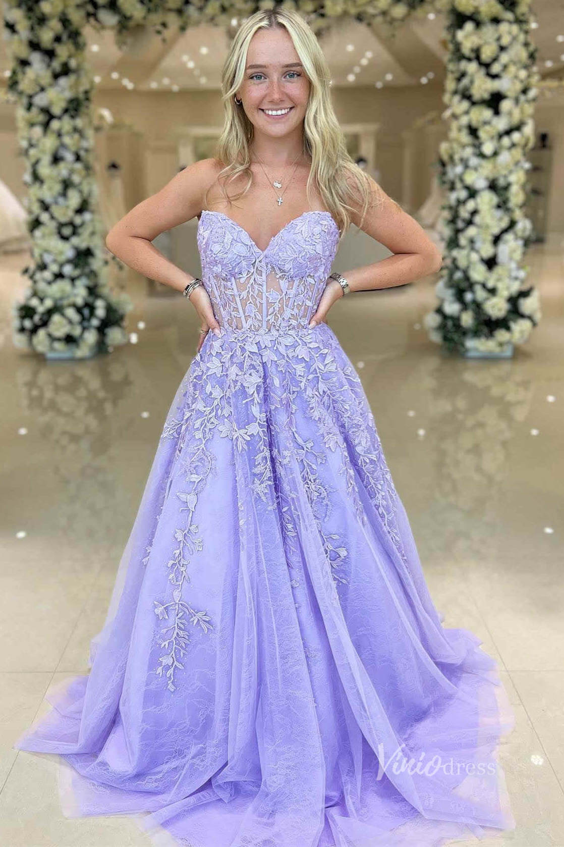 Strapless Lace Prom Dresses Lace-up Back FD1348D-prom dresses 2025 -Viniodress-Lavender-Custom Size-