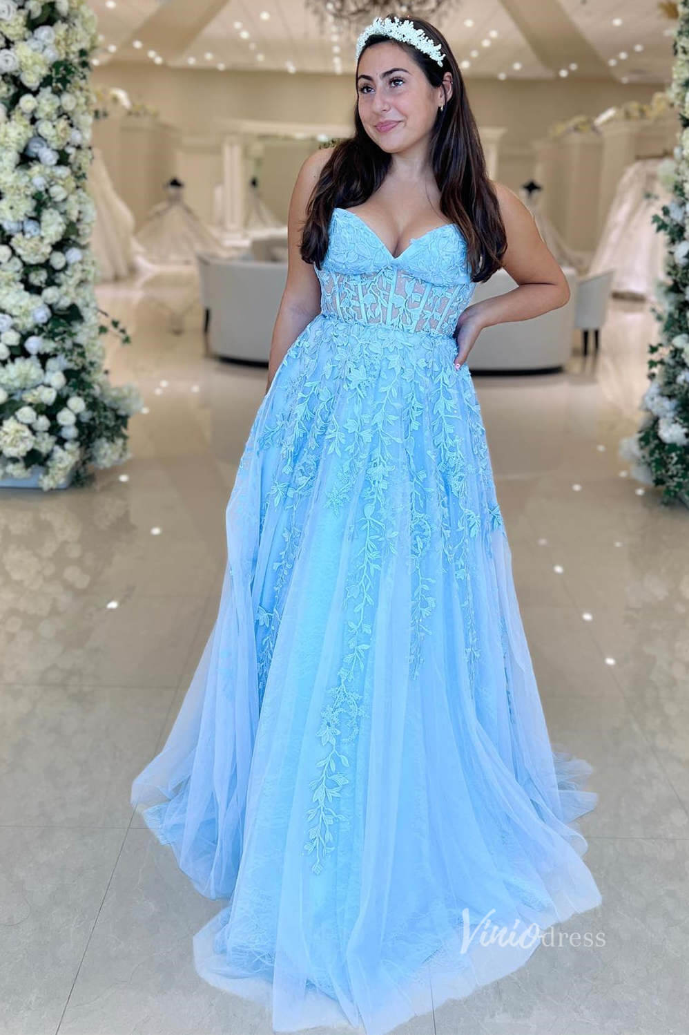 Strapless Lace Prom Dresses Lace-up Back FD1348D-prom dresses 2025 -Viniodress-Light Blue-Custom Size-