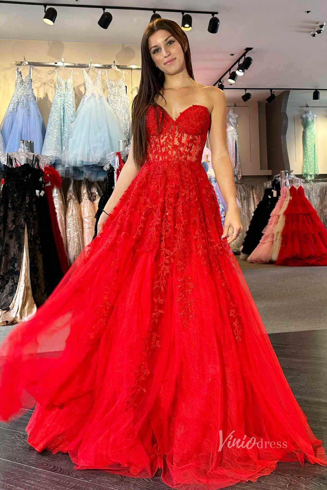 Strapless Lace Prom Dresses Lace-up Back FD1348D-prom dresses 2025 -Viniodress-Red-Custom Size-