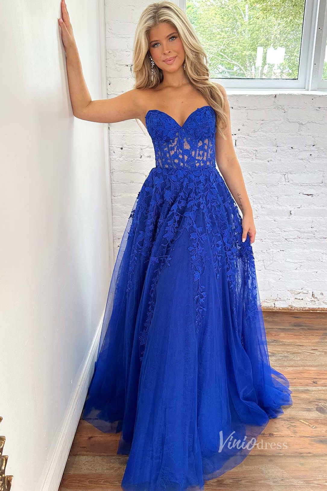 Strapless Lace Prom Dresses Lace-up Back FD1348D-prom dresses 2025 -Viniodress-Royal Blue-Custom Size-