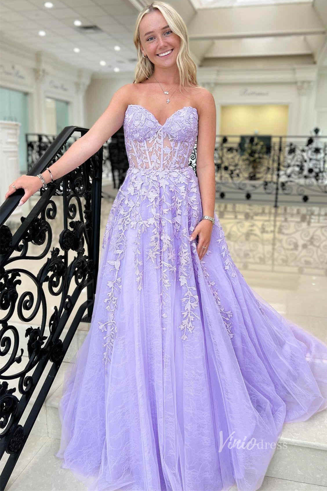 Strapless Lace Prom Dresses Lace - up Back FD1348D - Viniodressprom dressesLavenderCustom Size - Formal Dresses - Ball Gowns