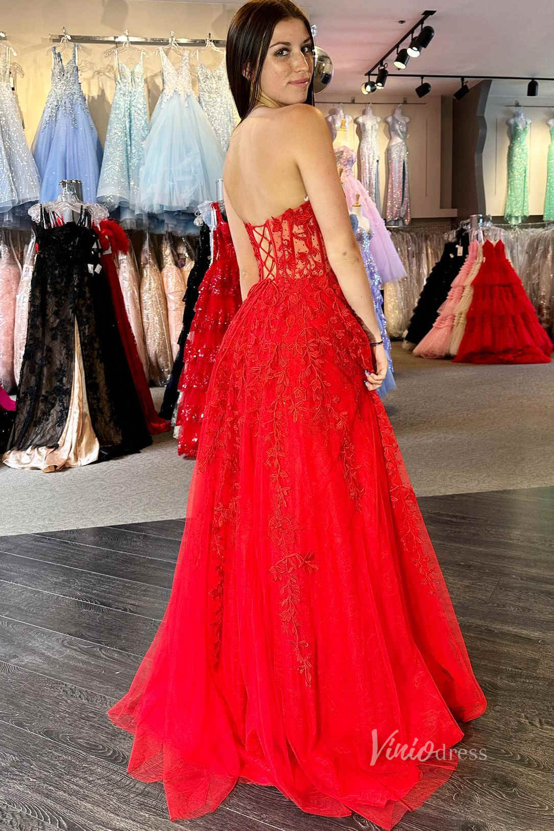 Strapless Lace Prom Dresses Lace - up Back FD1348D - Viniodressprom dressesRedCustom Size - Formal Dresses - Ball Gowns