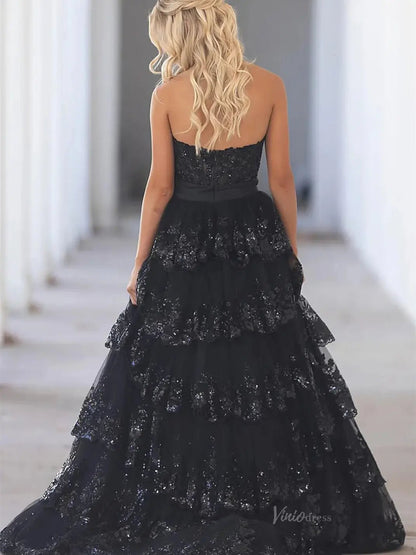 Strapless Lace Tiered Prom Dresses with Slit Sweetheart Neck Bow Tie Formal Dresses - FD3636f-prom dresses 2025 -Viniodress-Black-Custom Size-